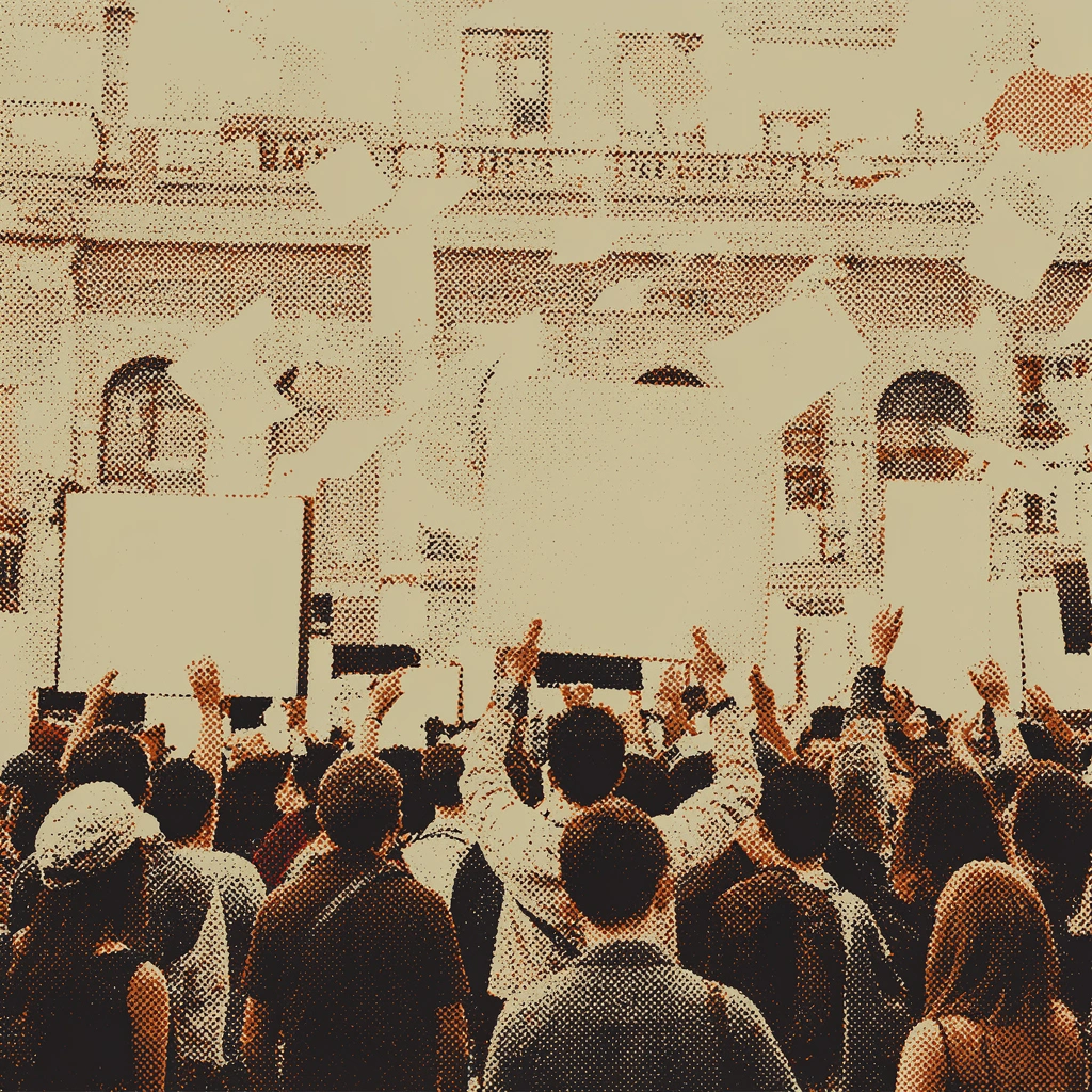 Risograph print of a crowd of activists holding signs outside a large institutional building