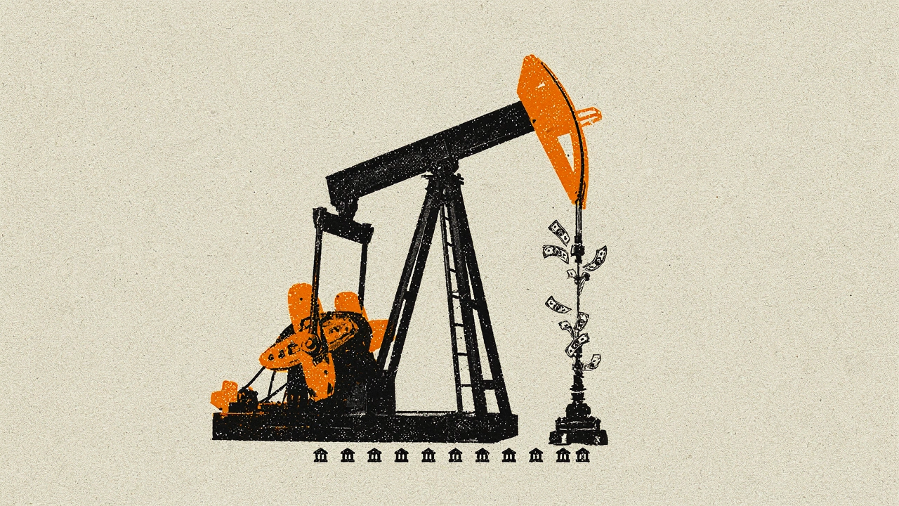 Affiche risographe : une pompe à pétrole versant des billets dans un coffre de banque