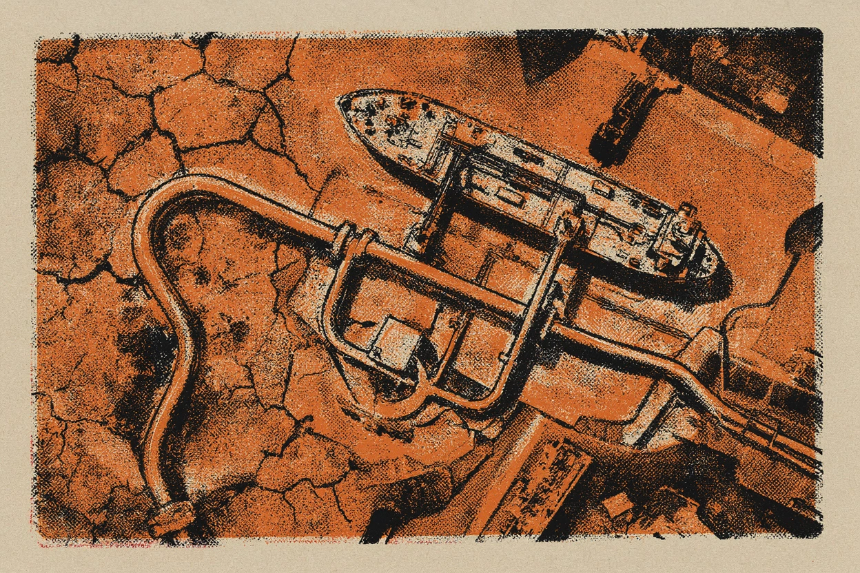 Risograph aerial illustration of an oil tanker at a loading terminal with art-nouveau pipelines