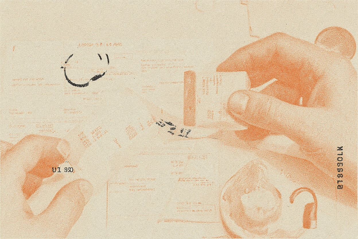 Risograph still life of press sheets and a receipt roll on a desk