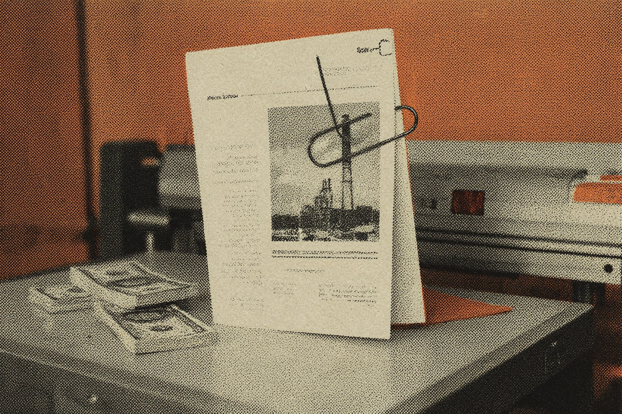 Nature morte riso d'une couverture de rapport d'enquête avec un trombone et des liasses de billets