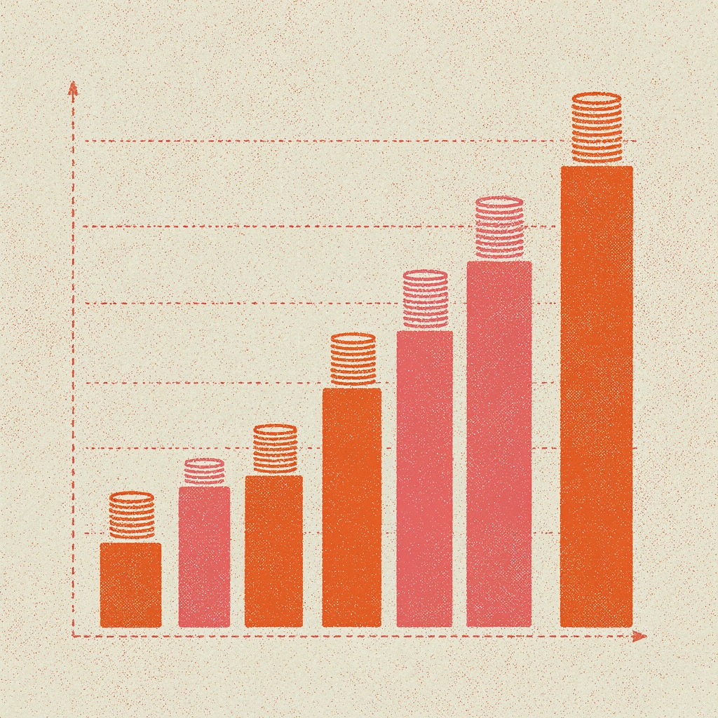 A risograph bar chart showing rising subsidies, in orange and pink, on cream paper